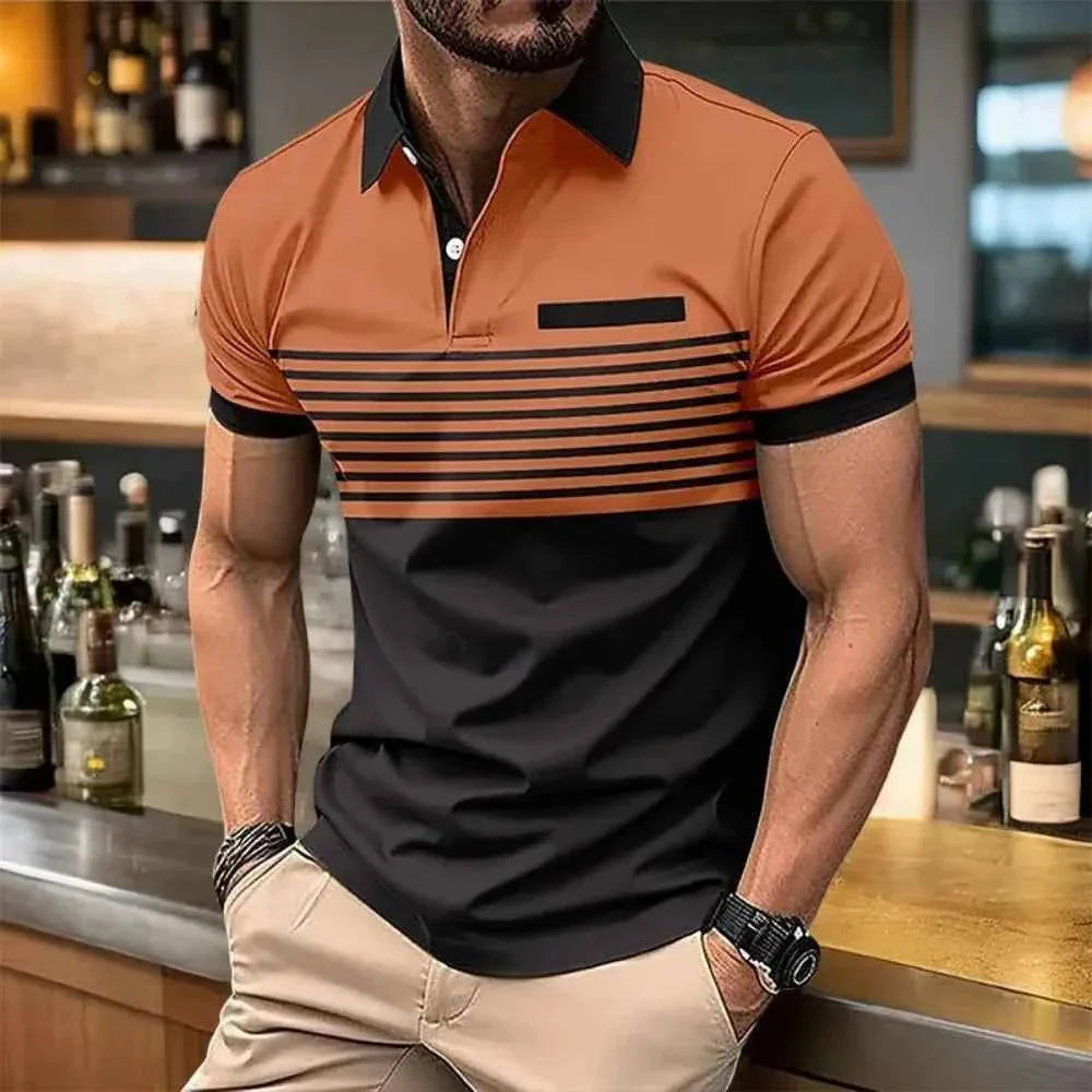 European and American men's summer fashion striped print comfortable breathable polo shirt outdoor urban casual top