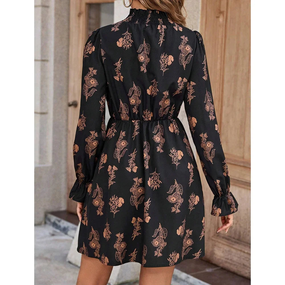Mia Muse Women's Dresses Autumn Elegant Decent Floral Long Sleeve Stand Collar Mini Shift Casual Dresses
