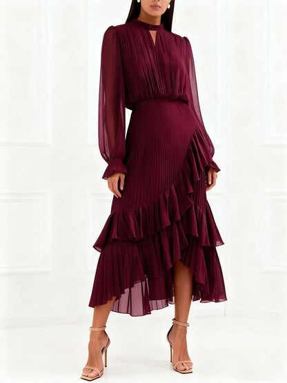 Elegant Ruffle Long Sleeve Dress for Women Chic Spring Summer Layered A Line Dress Lady Pleated Verstidos Prom Party Gowns