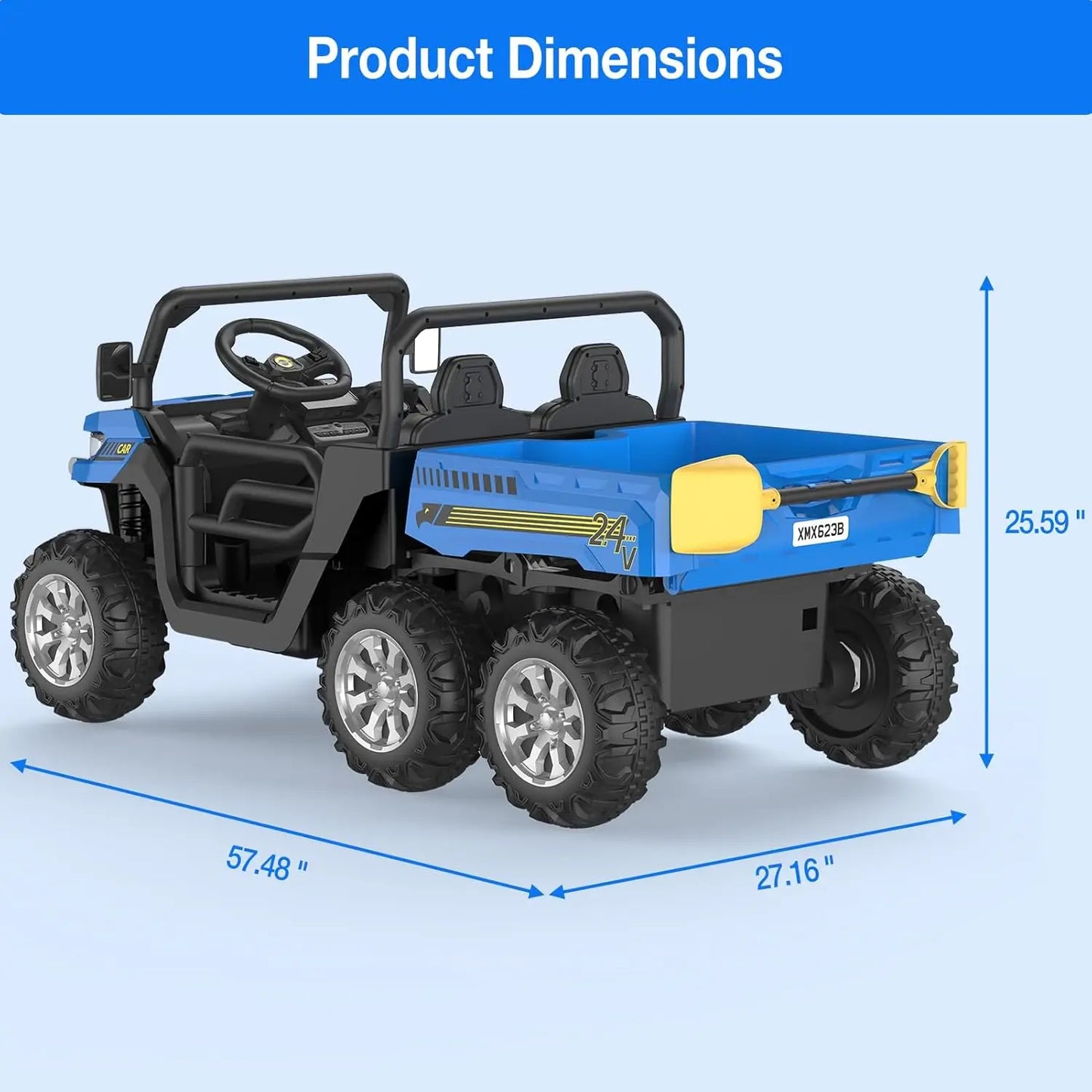24V 2 Seater 6 Wheel Ride On Dump Truck with Parent Remote Control, 4WD Electric Car for Kids UTV Style Dump Bed & Music Horn