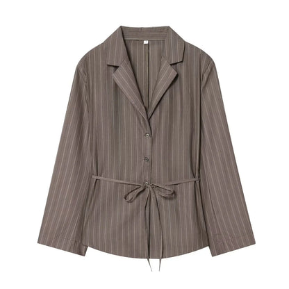 Office Lady Chic Brown Suits V Neck Striped Loose Blazer High Waist Wide Leg Pants Fashion Casual Women Suits Костюм Офисный