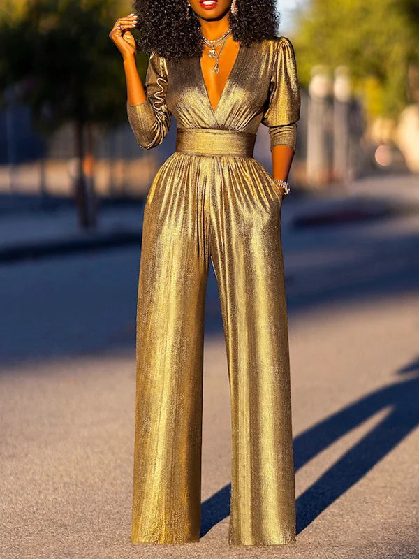 Bonboho Women's Solid Color Jumpsuit Deep V-neck Three-Quarter Sleeves High Waist Wide Leg Oe-piece Suit Summer Casual Jumpsuits