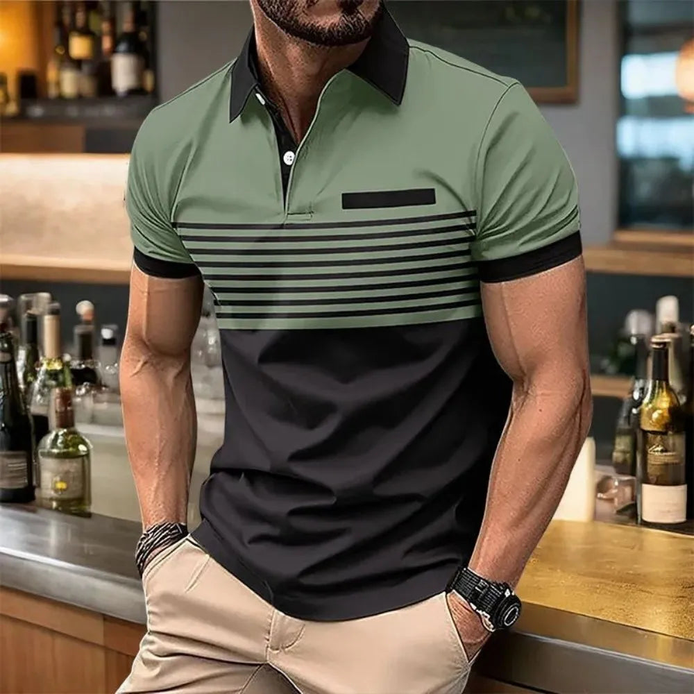 European and American men's summer fashion striped print comfortable breathable polo shirt outdoor urban casual top