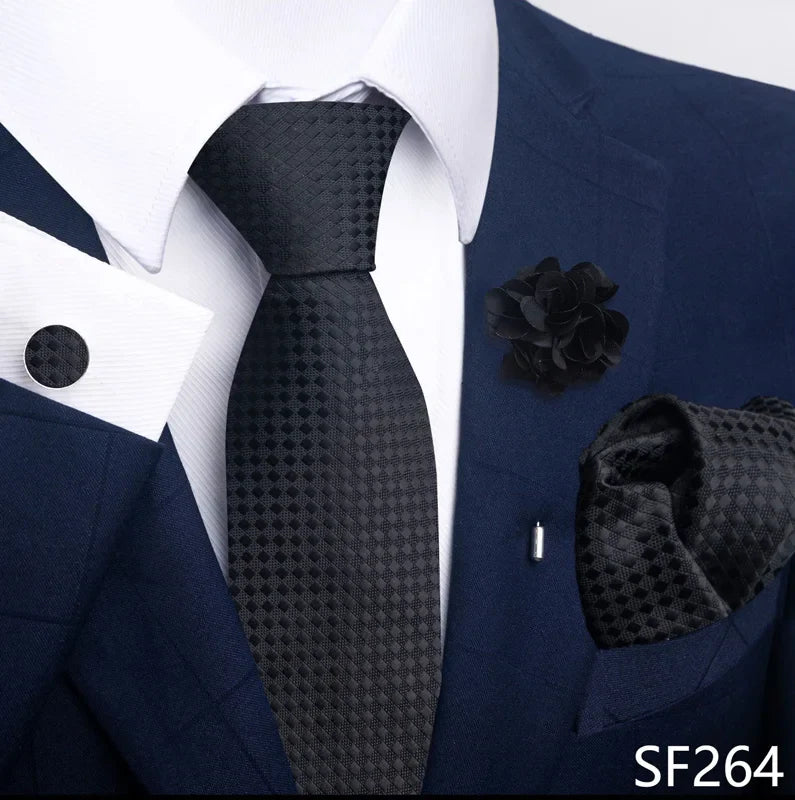 Luxury Mens Ties Floral Black Gold Ties Paisley NeckTie Pocket Square Cufflinks Brooch Set Men's Wedding Party Tie
