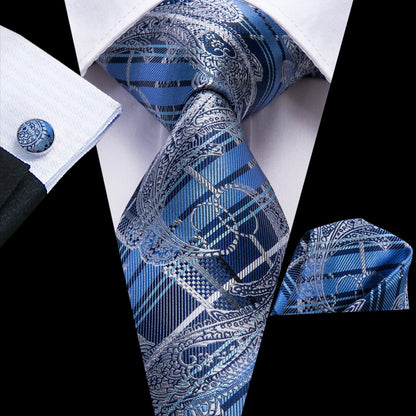 Hi-Tie Designer Silk Wedding Tie For Men Blue White Plaid Handky Cufflink Set Fashion Necktie For Men Business Party Wholesale