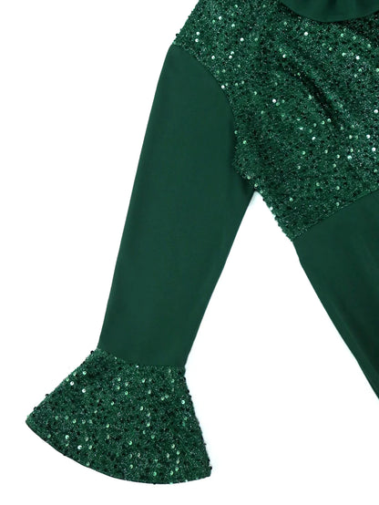 Elegant Green Shiny Sequined Dresses with Bow Long Flare Sleeves Mermaid Christmas African Brithday Party Occasion Event Robes