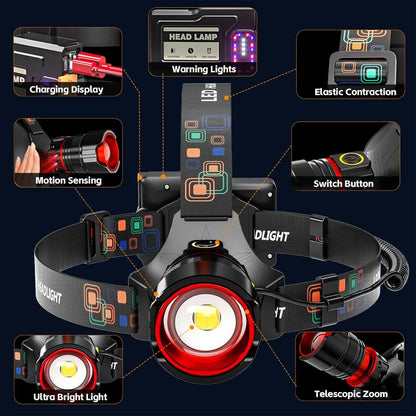 Rechargeable Headlamp 990000 Lumens Motion Sensor Zoomable Headlamp 12 Modes IPX7 Waterproof for Camping Running Emergency