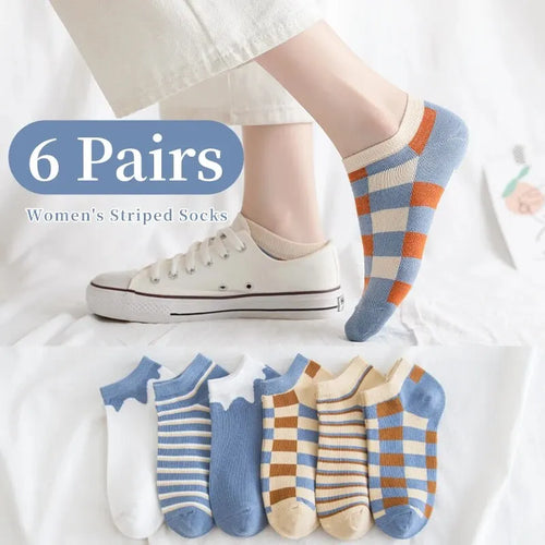 6 Pairs of Women's Spring and Summer Four Season Striped Plaid Fashion Trend Simple and Comfortable Sports Style Socks