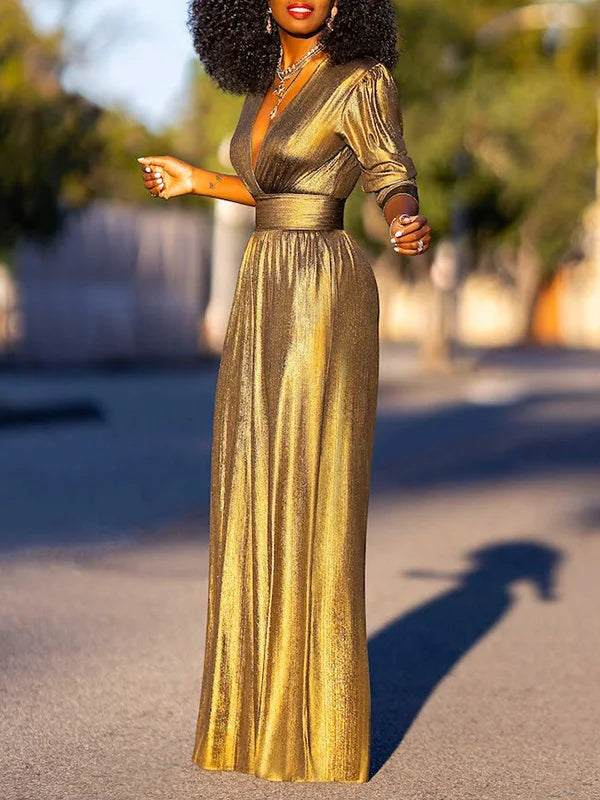 Bonboho Women's Solid Color Jumpsuit Deep V-neck Three-Quarter Sleeves High Waist Wide Leg Oe-piece Suit Summer Casual Jumpsuits