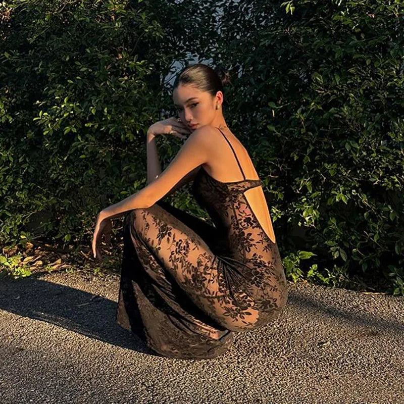Elegant Sheer Floral Lace Maxi Dress for Women V Neck Spaghetti Strap Bodycon Floor Length Evening Party Prom Dresses