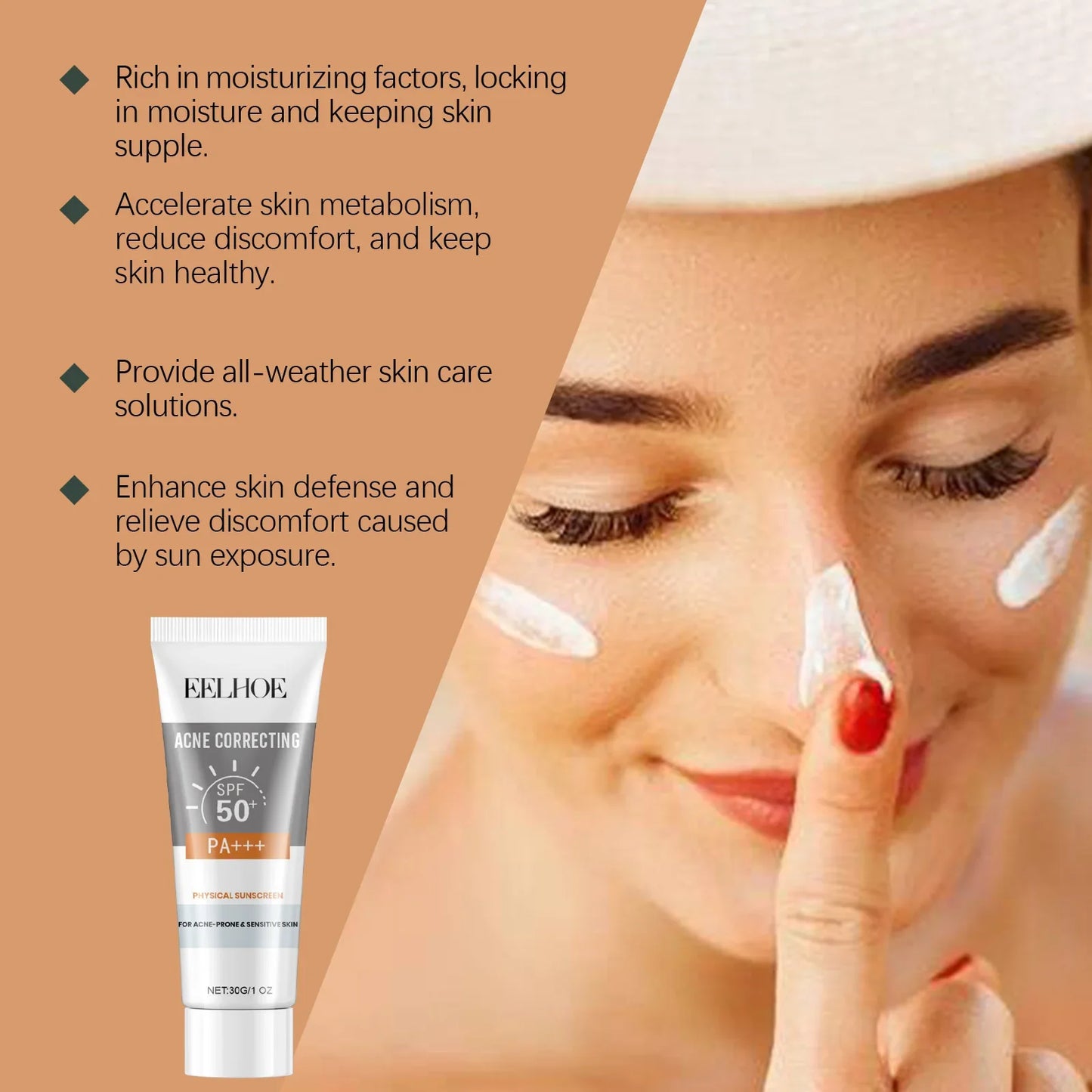 EELHOE 30g Vitamin E Sunscreen Long-lasting Moisturizing Anti-UV Anti-dry Skin SPF 50 Cream Maintains Elasticity Glow Skin Care