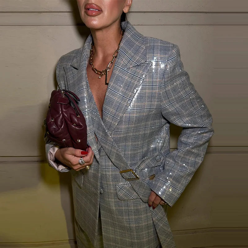 Sequin Women Striped Blazer Long Sleeve Belt Single Breasted Coat Fashion Wide Leg Trouser Outfit Female Office Clothing 2026