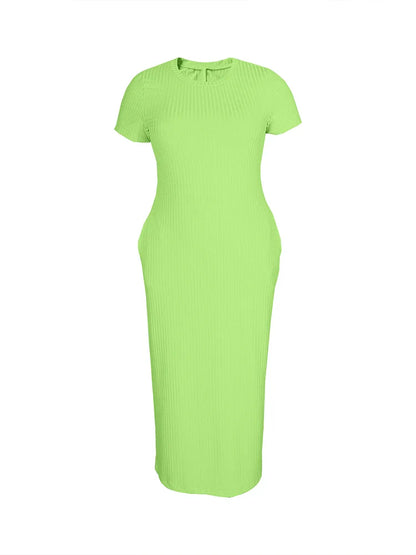 Plus Size 2024 Summer New Round Neck Short Sleeve Slim Hottie  Ladies' Stylish Summer Solid Versatile Bodycon Dress
