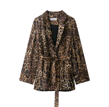 KONDALA Vintage Leopard Print Women Suits V Neck Sashes Long Sleeve Oversized Blazer+Wide Leg Pants Fashion 2025 Autumn Suits