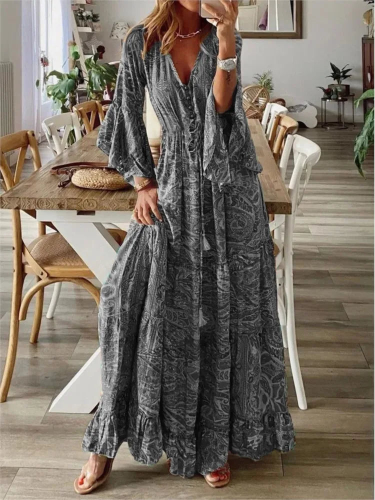Spring Autumn Fashion Women's Dress Bohemian Style Retro Printed V-neck High Waist Bell Sleeve  Loose Casual Floral Long Dress