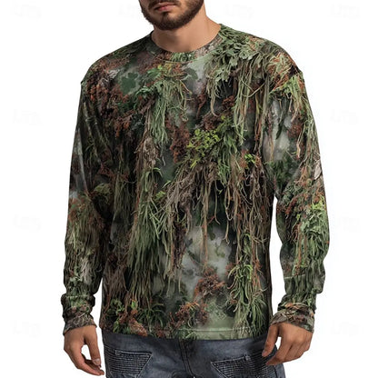 Men's Camo Animal Print Long Sleeve, 3D Graphic Crew Neck Shirt, Outdoor Street Style, Spring Summer Casual Tops For Men Hunting