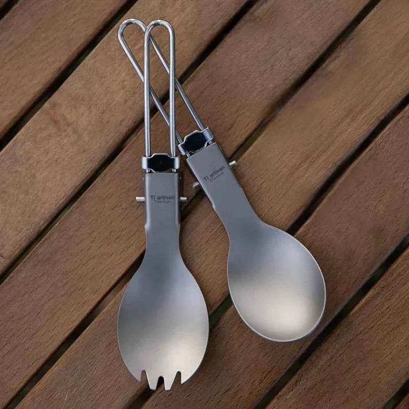 Tiartisan Titanium Foldable Cutlery Set - Portable Fork Spoon Knife for Outdoor Camping Hiking