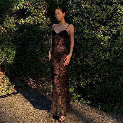 Elegant Sheer Floral Lace Maxi Dress for Women V Neck Spaghetti Strap Bodycon Floor Length Evening Party Prom Dresses