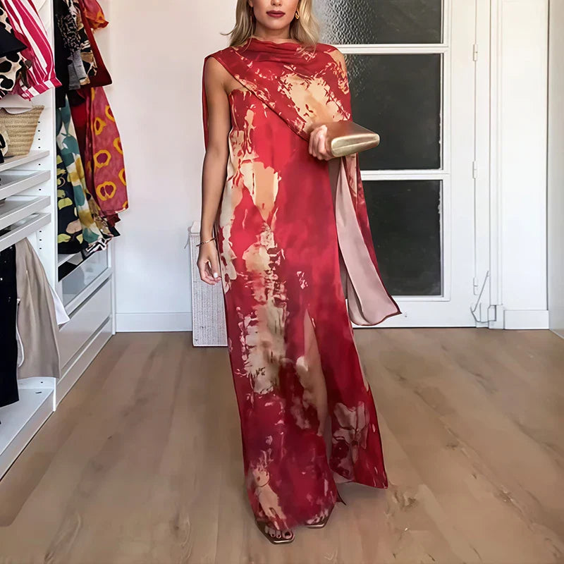 Spring Elegant Print Shawl Collar Holidays Dress Women Sexy Strapless Split Long Dress Summer Sleeveless Slim Party Maxi Dresses