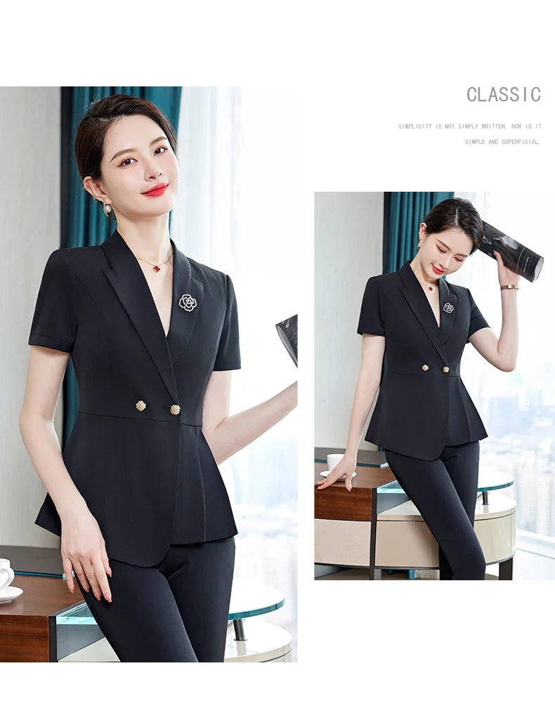 NAVIU Fashion Pink Short Sleeve Professional Suit Women New Summer Elegant Formal Slim Blazer And Pants Office Ladies Work Wear