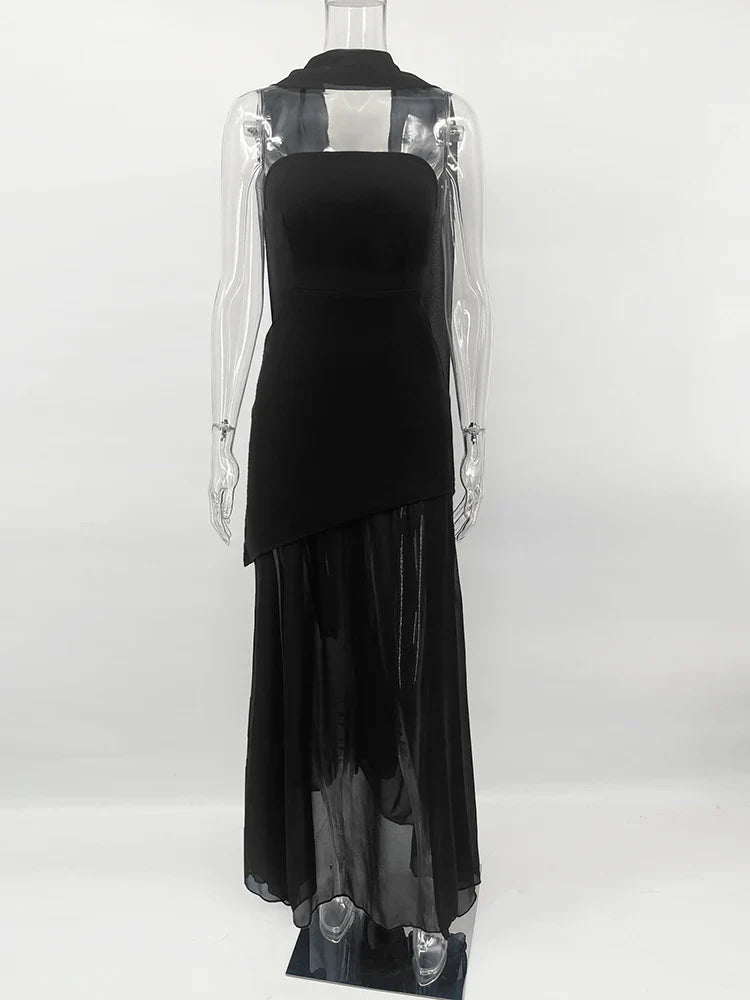 TARUXY Fashion Strapless Dress With Ribbon Female Elegant Sleeveless Mesh Beach Vacation Long Dress 2025 Spring New Women Dress