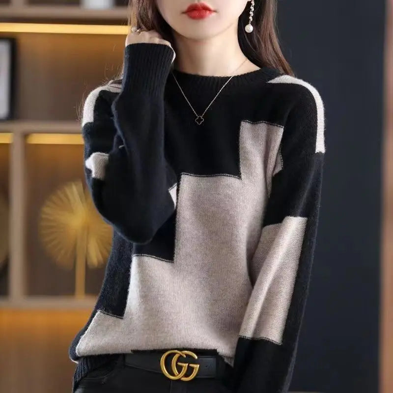 Autumn Winter Contrast Color Pullover Sweater Lady Loose Casual Fashion All-match Knitting Jumpers Ladies Oversized Bottomed Top