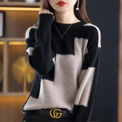 Autumn Winter Contrast Color Pullover Sweater Lady Loose Casual Fashion All-match Knitting Jumpers Ladies Oversized Bottomed Top