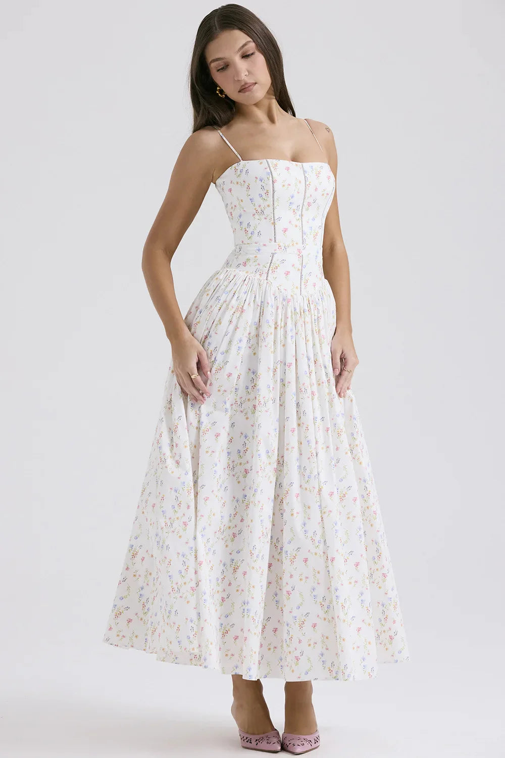 Spring Floral Print Chiffon Holiday Beach Dress Women Sexy V Neck Backless Sling Long Dress Summer Sleeveless Pleated Maxi Dress