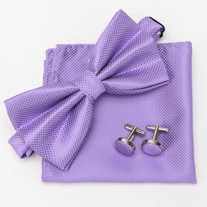 Multicolor Bowtie Pocket Square Cufflinks Sets Classic Solid Color  Bowtie Wedding Party Formal Gift Plaids Adjust Neck Bow Tie