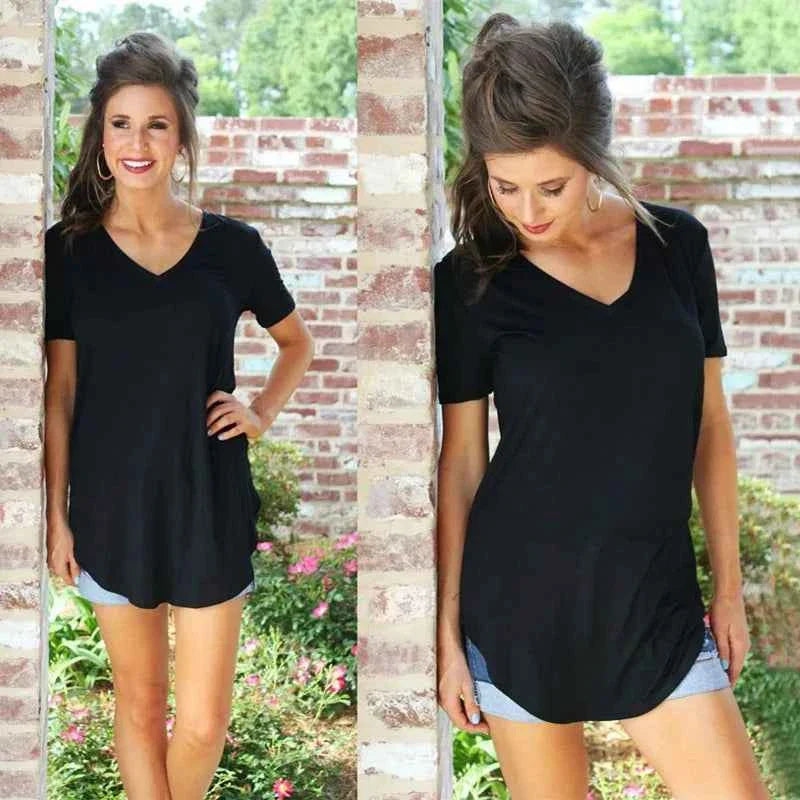 Summer solid color blouse V-neck short sleeve loose T-shirt hem arc women clothes