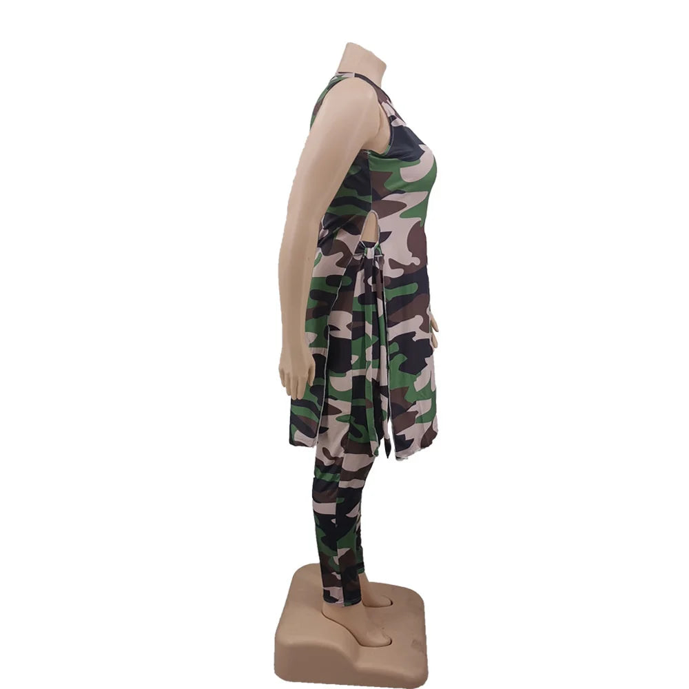 Camouflage Plus Size Women Clothing Two Piece Outfits Sleeveless Round Neck Bandage Crop Tops Pants Sets Wholesale Drop Shipping