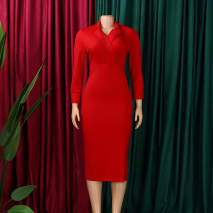 Elegant Bodycon Dresses for Women V Neck Full Sleeve Solid Sheath Package Hips Mid Calf Professional Business Work Dress Midi OL