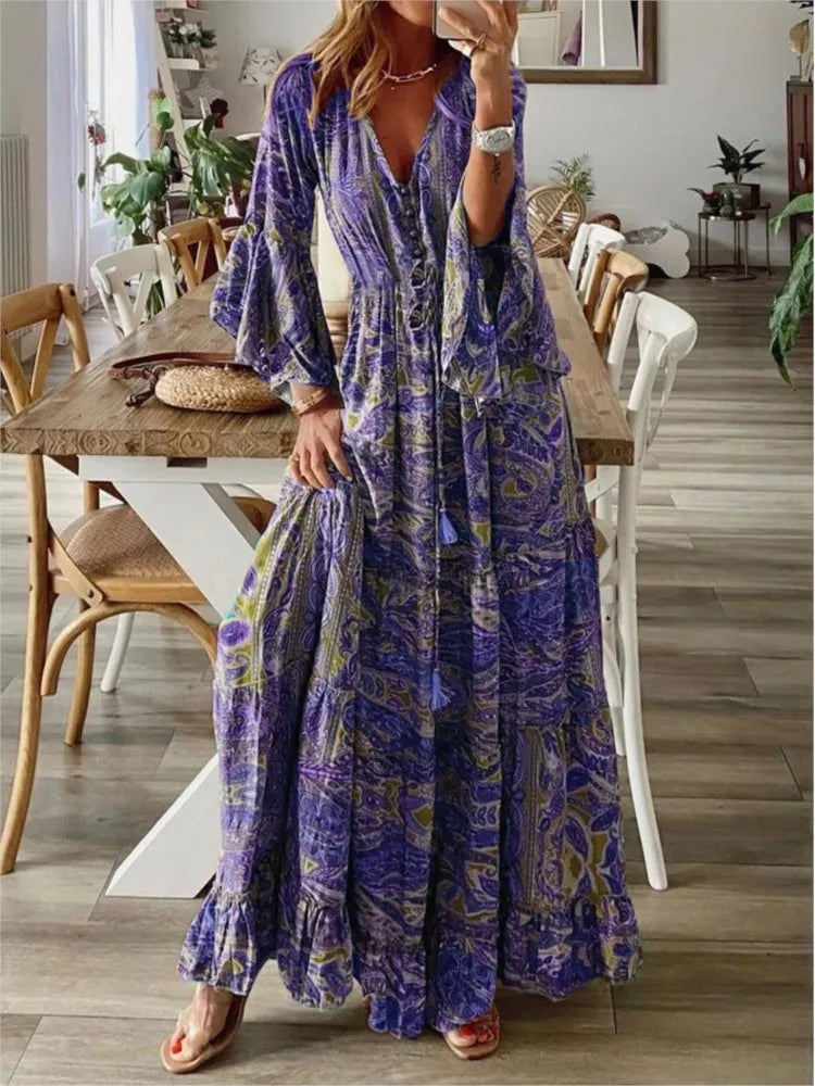 Spring Autumn Fashion Women's Dress Bohemian Style Retro Printed V-neck High Waist Bell Sleeve  Loose Casual Floral Long Dress