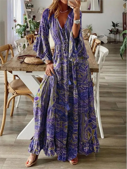 Spring Autumn Fashion Women's Dress Bohemian Style Retro Printed V-neck High Waist Bell Sleeve  Loose Casual Floral Long Dress