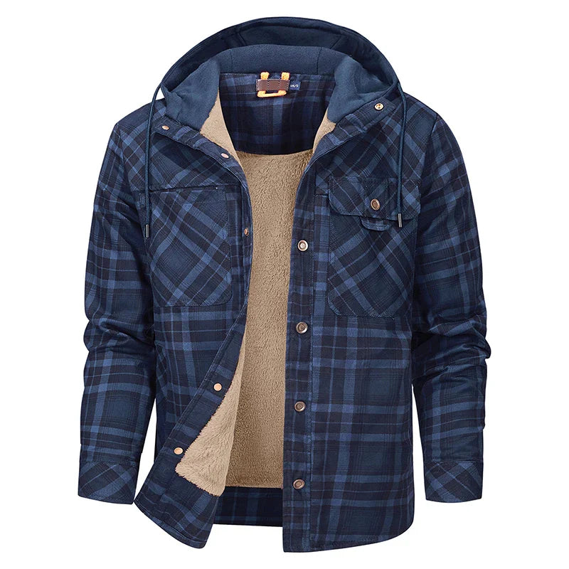 Winter Men Plaid Fleece Shirts Coats Mens Hooded Casual Shirts Man Sport Outdoor Loose Shirt Jacket Men Button Down Hoodie Shirt