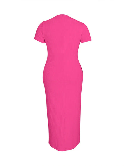 Plus Size 2024 Summer New Round Neck Short Sleeve Slim Hottie  Ladies' Stylish Summer Solid Versatile Bodycon Dress