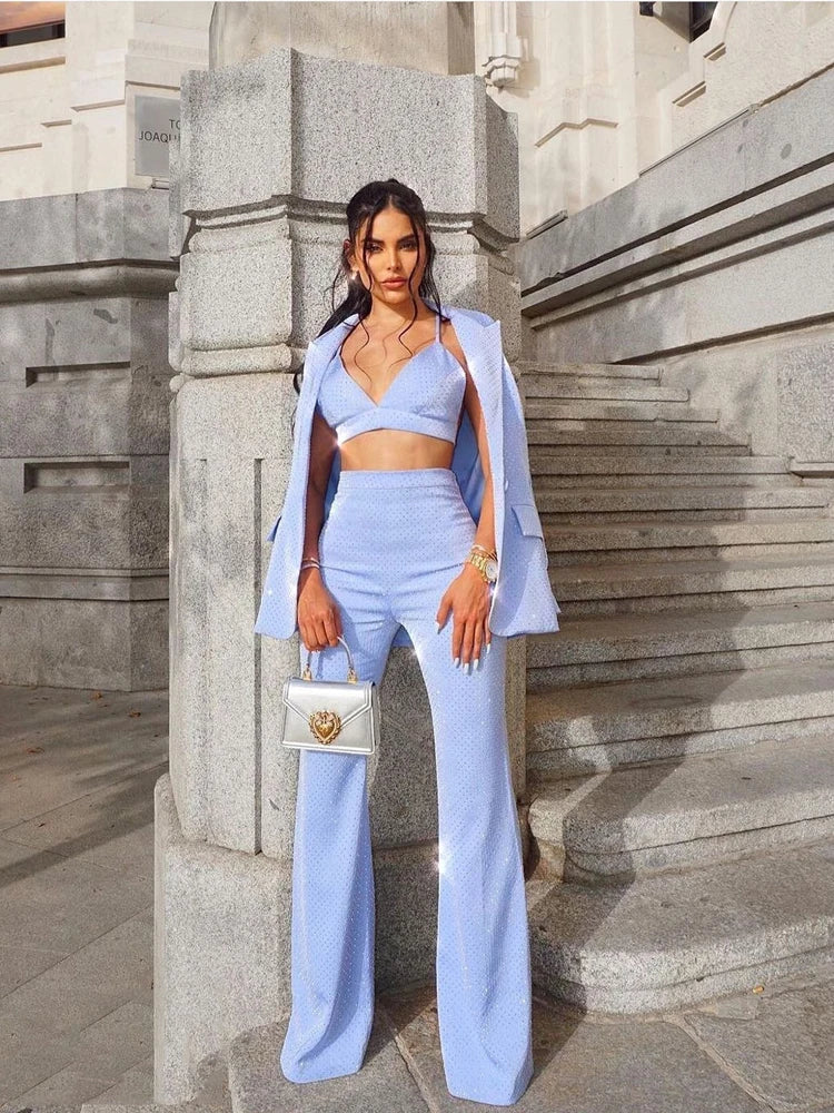 HIGH QUALITY New Fashion 2026 Designer Blazer Suit Set Women's Single Button Diamonds Beaded Camis Blazer Pants Suit 3pcs Set