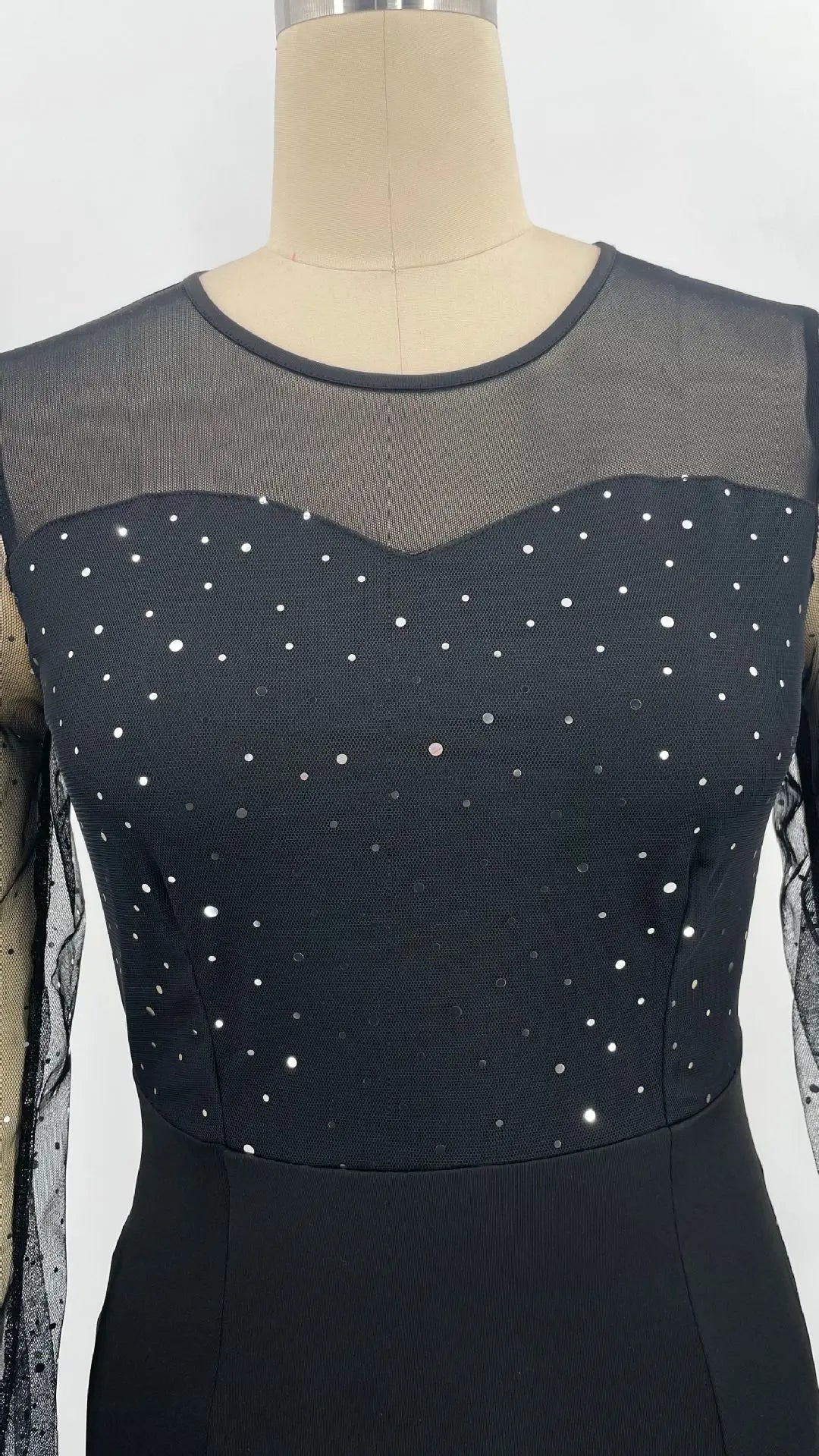 Mesh Patchwork Dress Womens Fashion Round Neck Long Sleeve Slim Elegant Dress Women