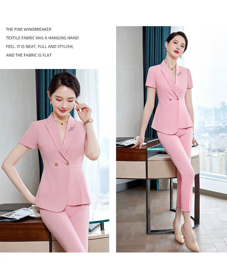 NAVIU Fashion Pink Short Sleeve Professional Suit Women New Summer Elegant Formal Slim Blazer And Pants Office Ladies Work Wear