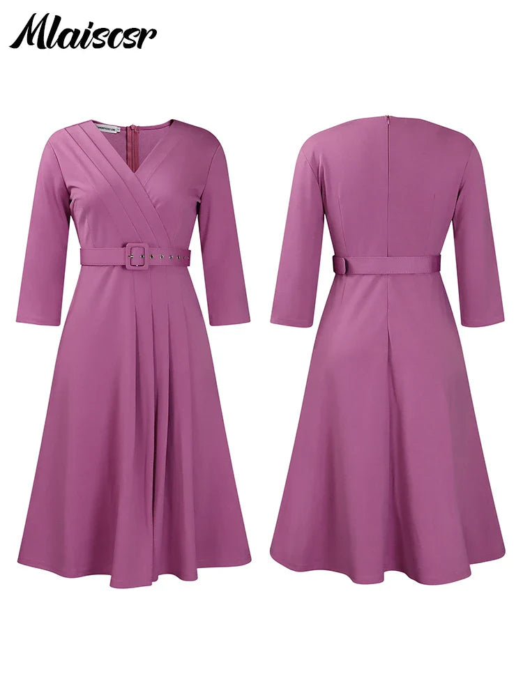 Mlaiscsr Evening Gowns Dresses with Belt Women Clothing V Neck 3/4 Sleeves A Line Pleataed Dress Occasion Elegant Office Outfits