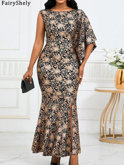 FairyShely 2024 One Shoulder Long Sleeve Plus Size Dress Sexy Women Print Large Big Dresses Lady Party Tight Curvy Sheath Dress