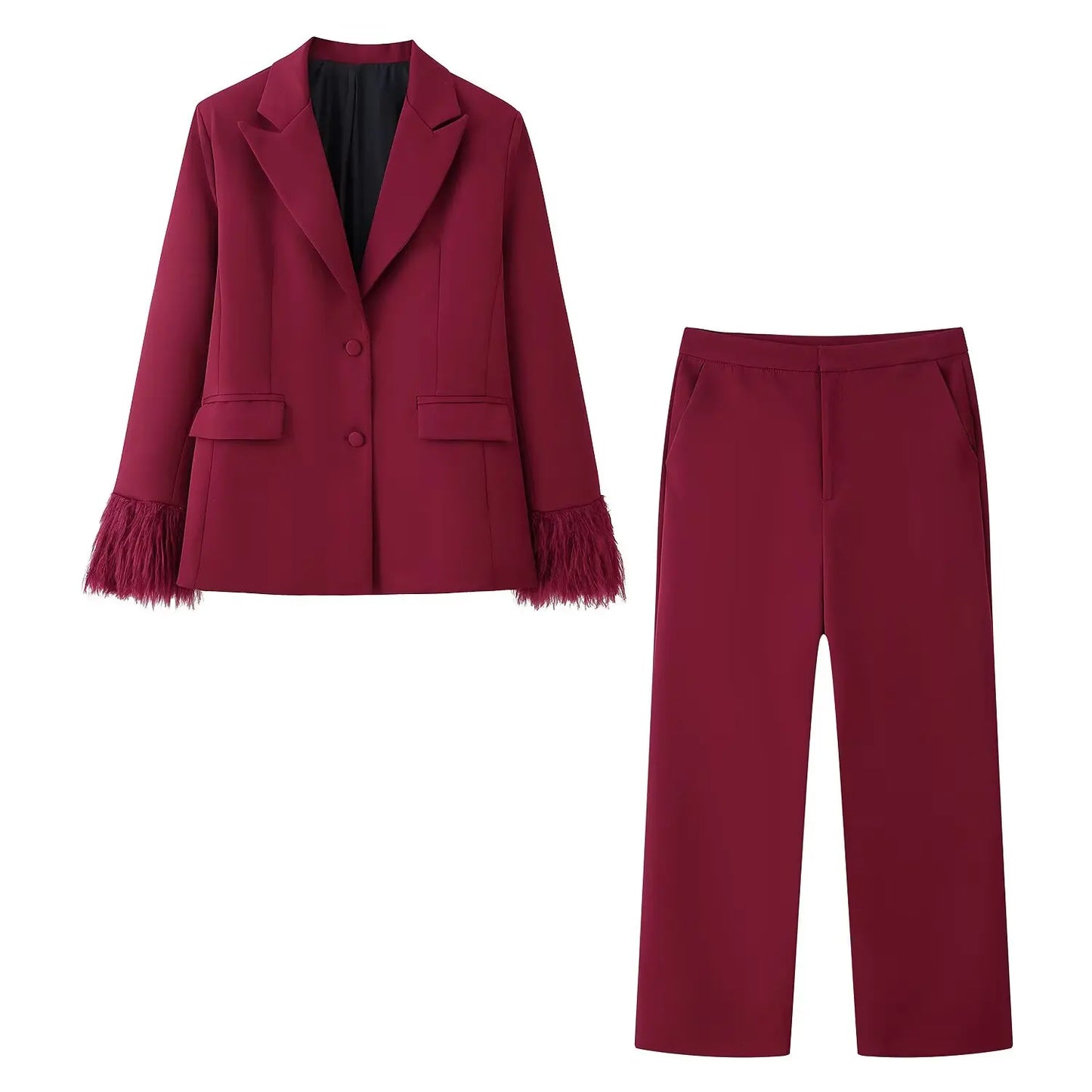 KONDALA 2025 Office Lady Fashion Slim Suits Single Breasted Feather Trim Blazer+Zipper Pockets Long Pants Fashion Female Suit