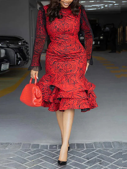 Long Sleeve Midi Dress Woman Ruffled Around Sexy Tight Dress with Lace Sleeves Elegant Party Girl Dress Dropshipping Wholesale