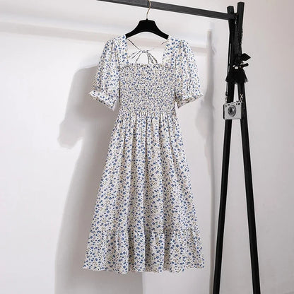 Spring Summer Chiffon Dresses Fashion Female Elastic Waist Short Sleeve Pleated Casual Dress Women A-line Dresses Vestidos