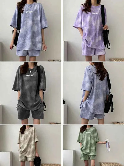 Women T-Shirt Shorts Suit Set Casual Tie Dye Loose t-shirt and wide leg middle shorts with pockets female Soft Summer Shorts Sets