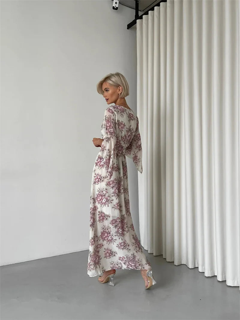 Elegant Bodycon Chiffon Maxi Dress Women Bandage Sexy Side Slit Beach Dress White Pink Floral Summer Long Dresses For Women 2024
