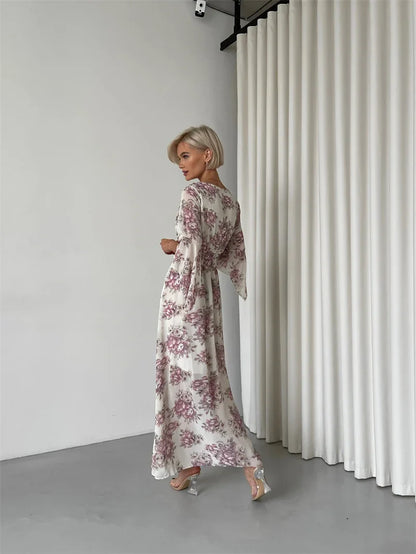 Elegant Bodycon Chiffon Maxi Dress Women Bandage Sexy Side Slit Beach Dress White Pink Floral Summer Long Dresses For Women 2024