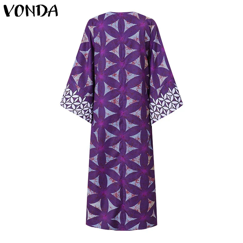 Plus Size 5XL VONDA Women Bohemian Printing Maxi Dress 2025 Vintage Sundress Casual 3/4 Sleeve Party Robe Loose O-Neck Vestidos