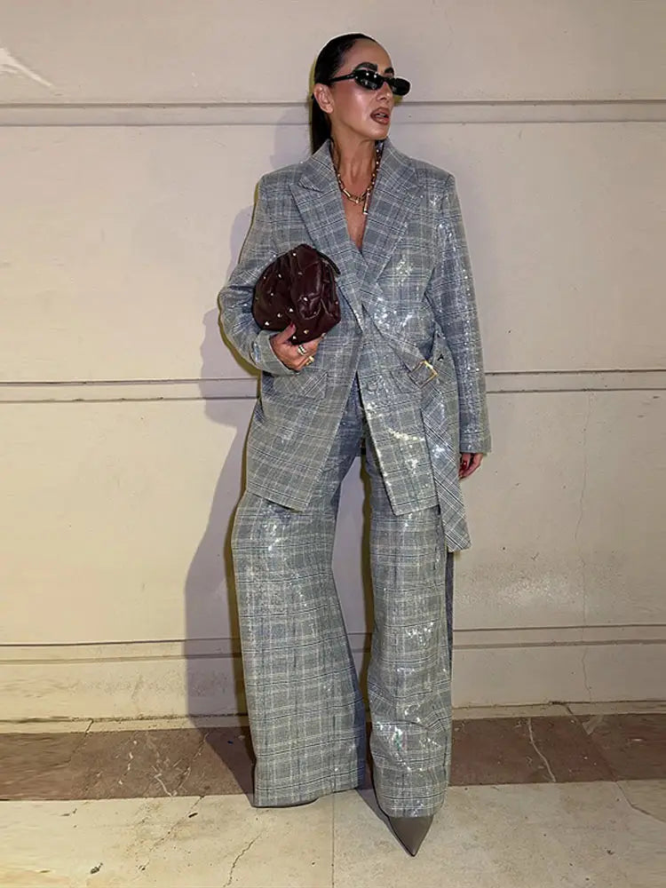 Sequin Women Striped Blazer Long Sleeve Belt Single Breasted Coat Fashion Wide Leg Trouser Outfit Female Office Clothing 2026
