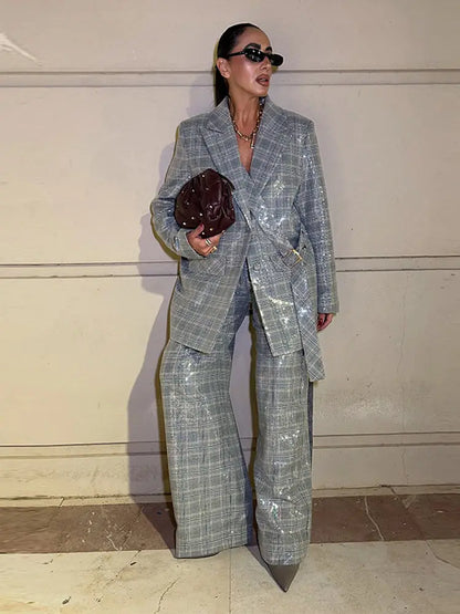 Sequin Women Striped Blazer Long Sleeve Belt Single Breasted Coat Fashion Wide Leg Trouser Outfit Female Office Clothing 2026